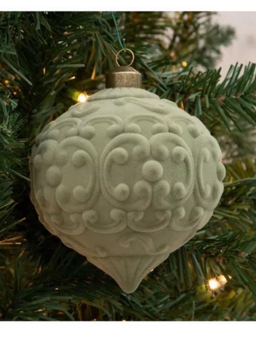 Velvet flocked Embossed Sage Green Christmas Ornament - set of 4
